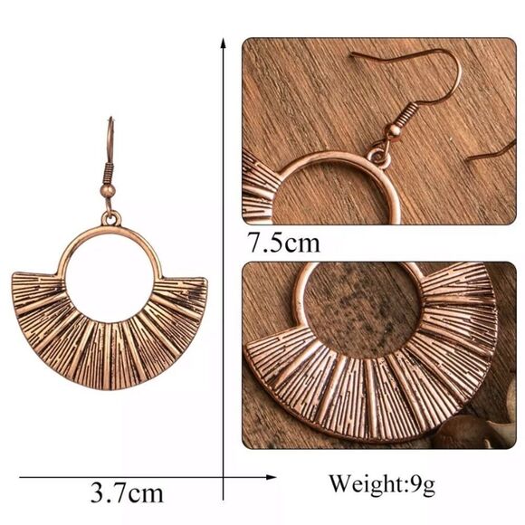 Copper Boho Fan Drop Earrings Tribal Geometric - Picture 4 of 4